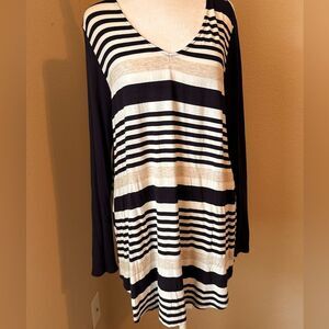 Navy and White Striped V-Neck Long Sleeve Top